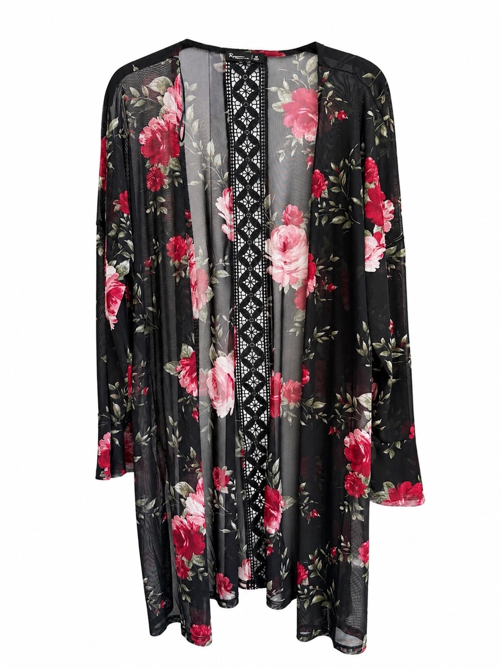 Paperoc Floral Mesh Kimono Cardigan Black Lace Size M NWT